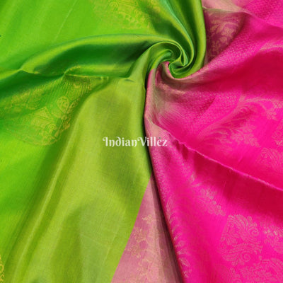Parrot Green Pink South Handloom Kanjivaram Soft Silk Saree