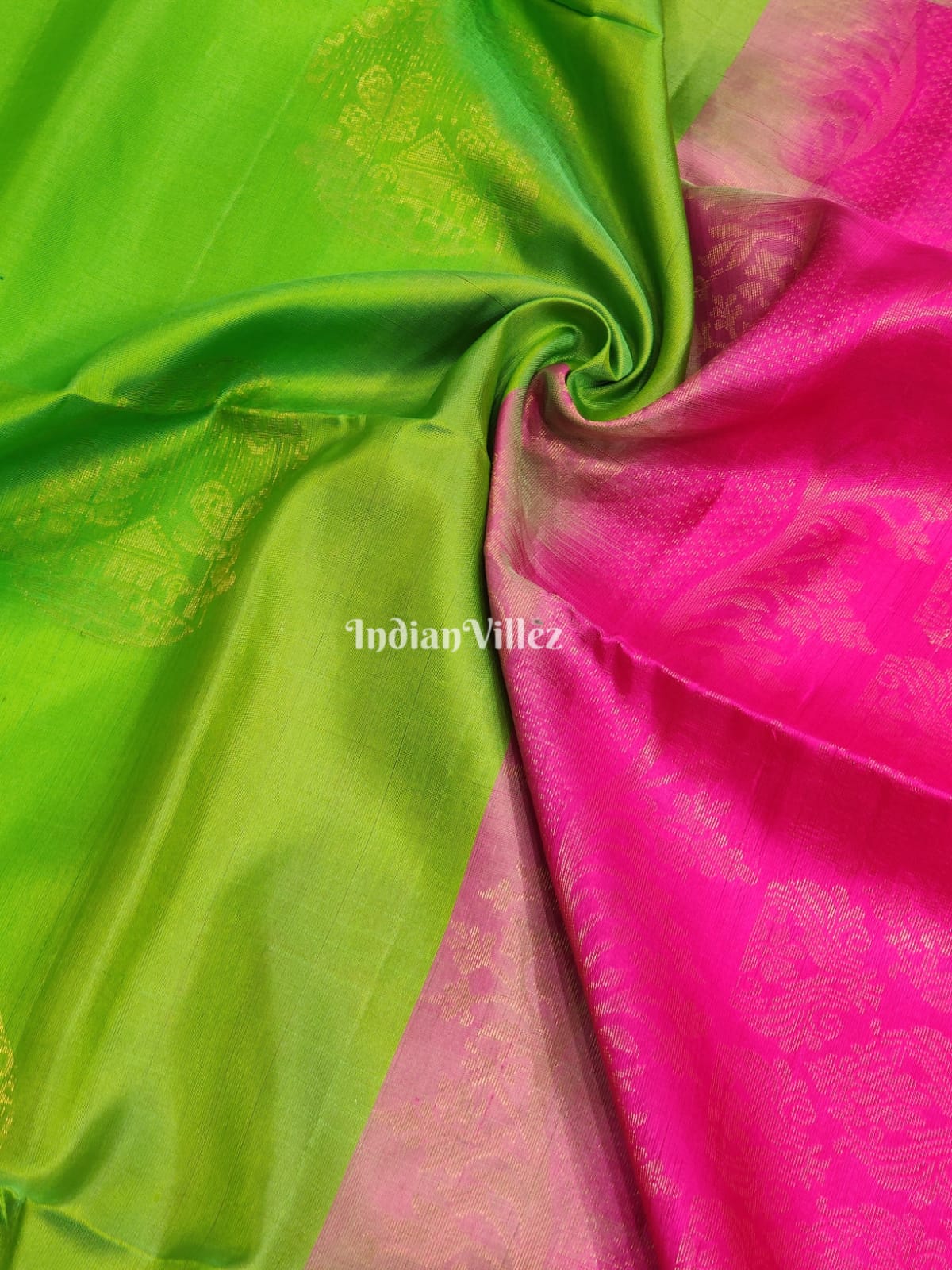 Parrot Green Pink South Handloom Kanjivaram Soft Silk Saree