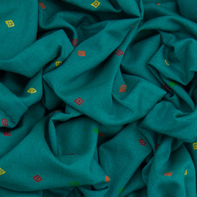 Teal Handwoven Tussar Silk Saree With Diamond Butta & Stripped Pallu-Teal