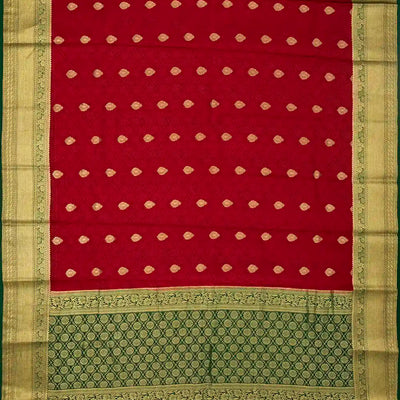 Crimson Mysore Crepe Silk Saree With Floral Motifs & Contrast Border