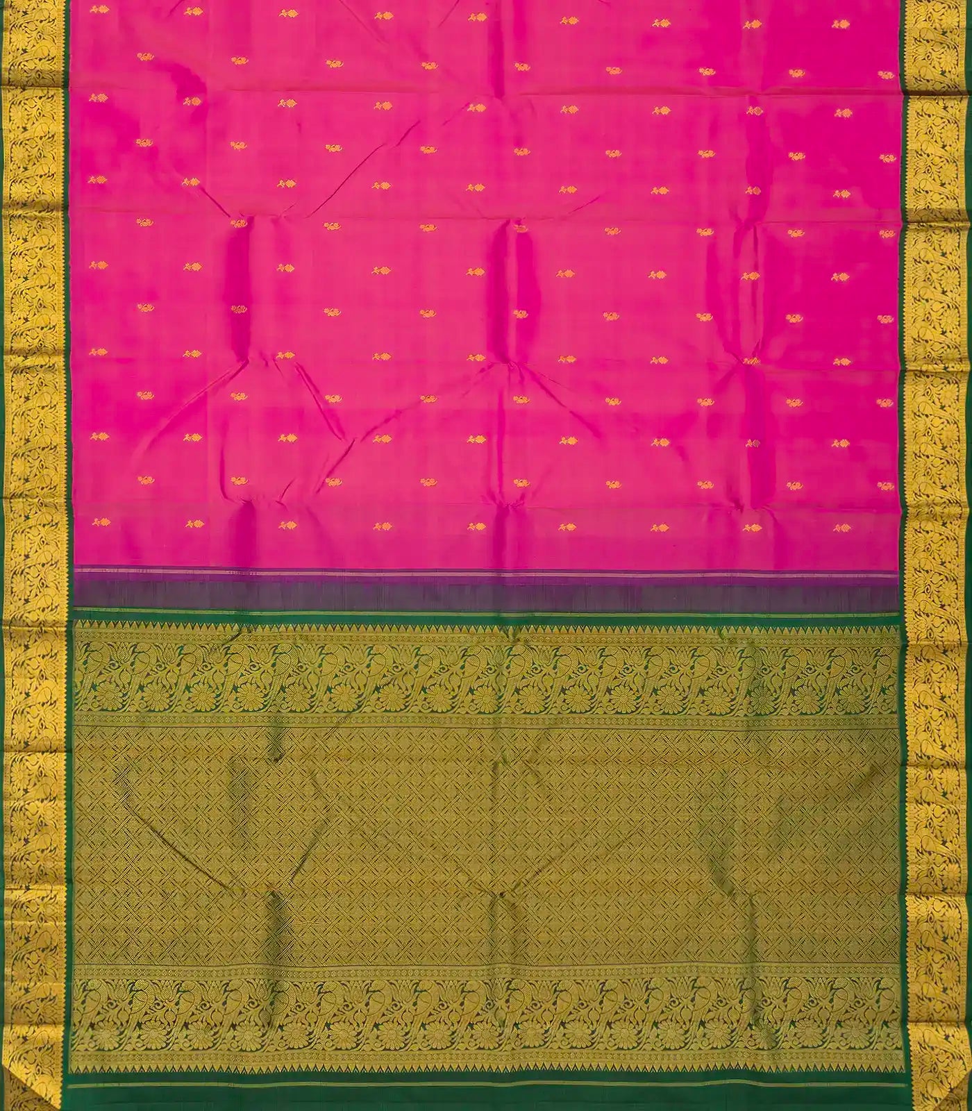 Hot Pink Handloom Kanchipuram Korvai Silk Saree With Floral Buttas