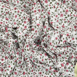 White Woven Jaipur Cotton Saree With Pink Printed Floral Motifs