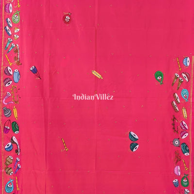 Neon Pink Veena Design Hand-Painted Pattachitra Saree