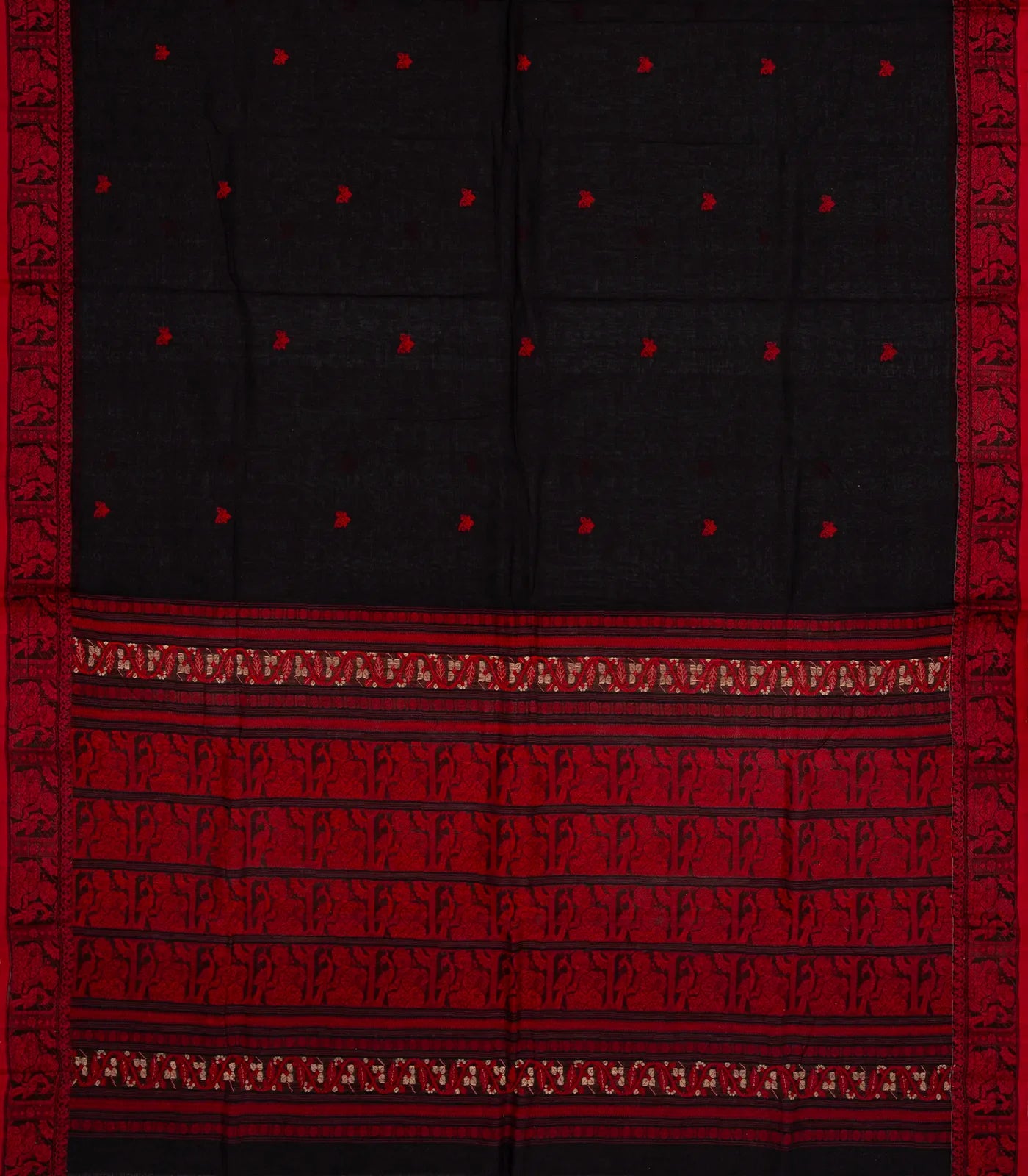 Black Bengal Cotton Saree With Floral Motifs