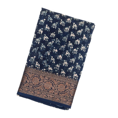 Indigo Woven Chanderi Cotton Saree With Printed Camel Motifs
