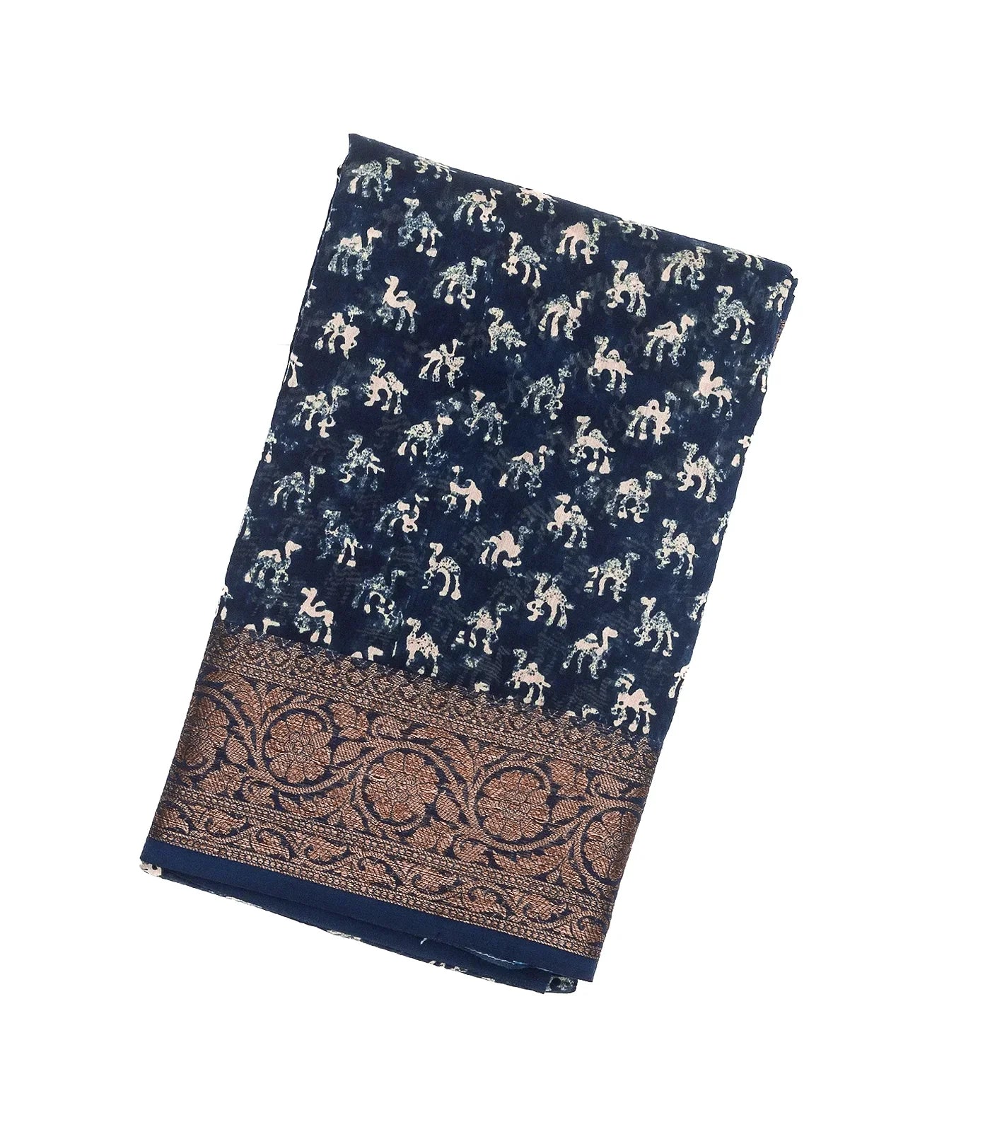 Indigo Woven Chanderi Cotton Saree With Printed Camel Motifs