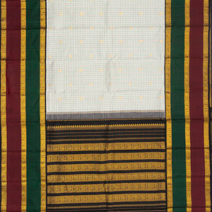 Off White Handloom Kanchipuram Korvai Silk Saree With Checks & Buttas
