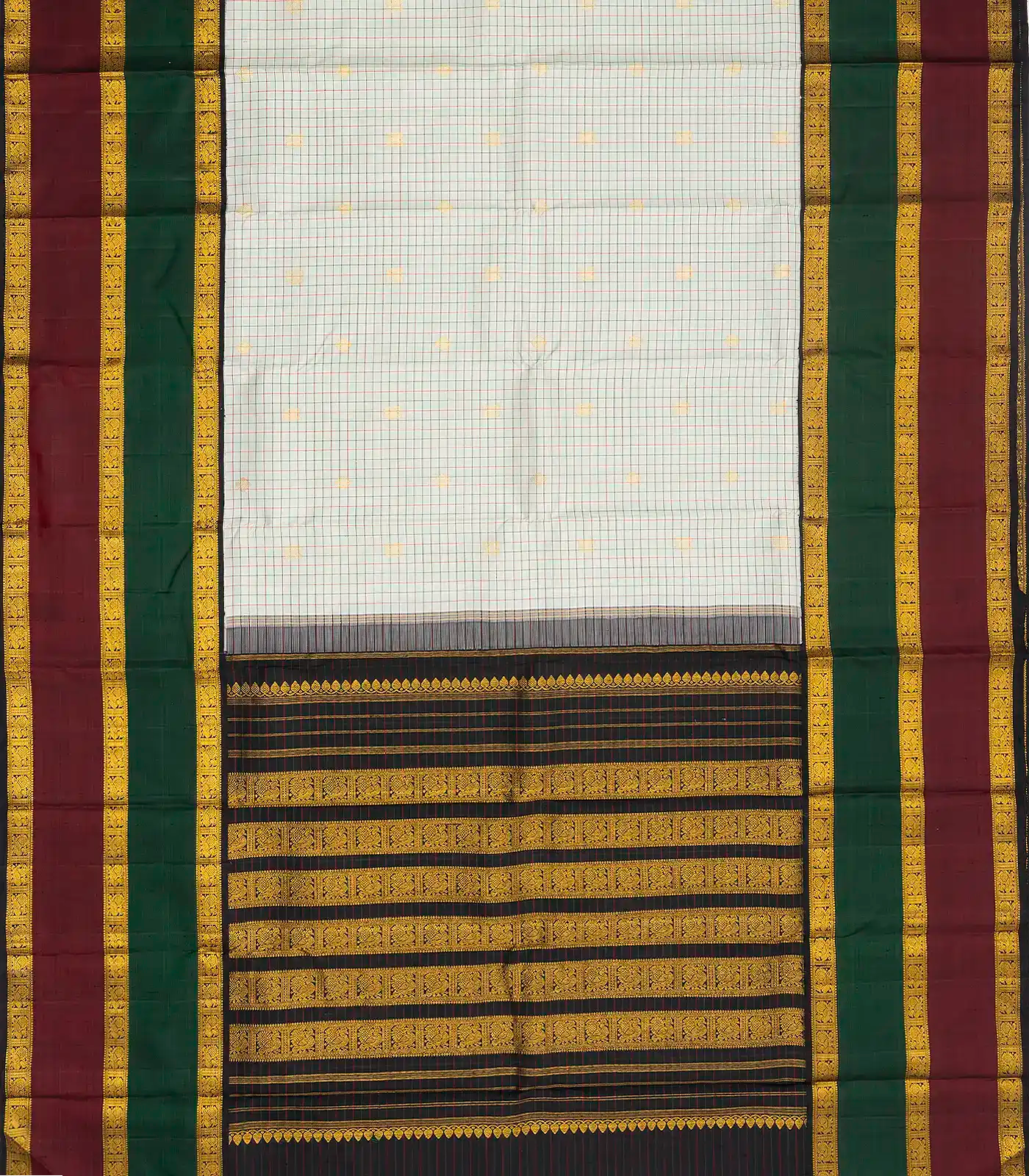Off White Handloom Kanchipuram Korvai Silk Saree With Checks & Buttas