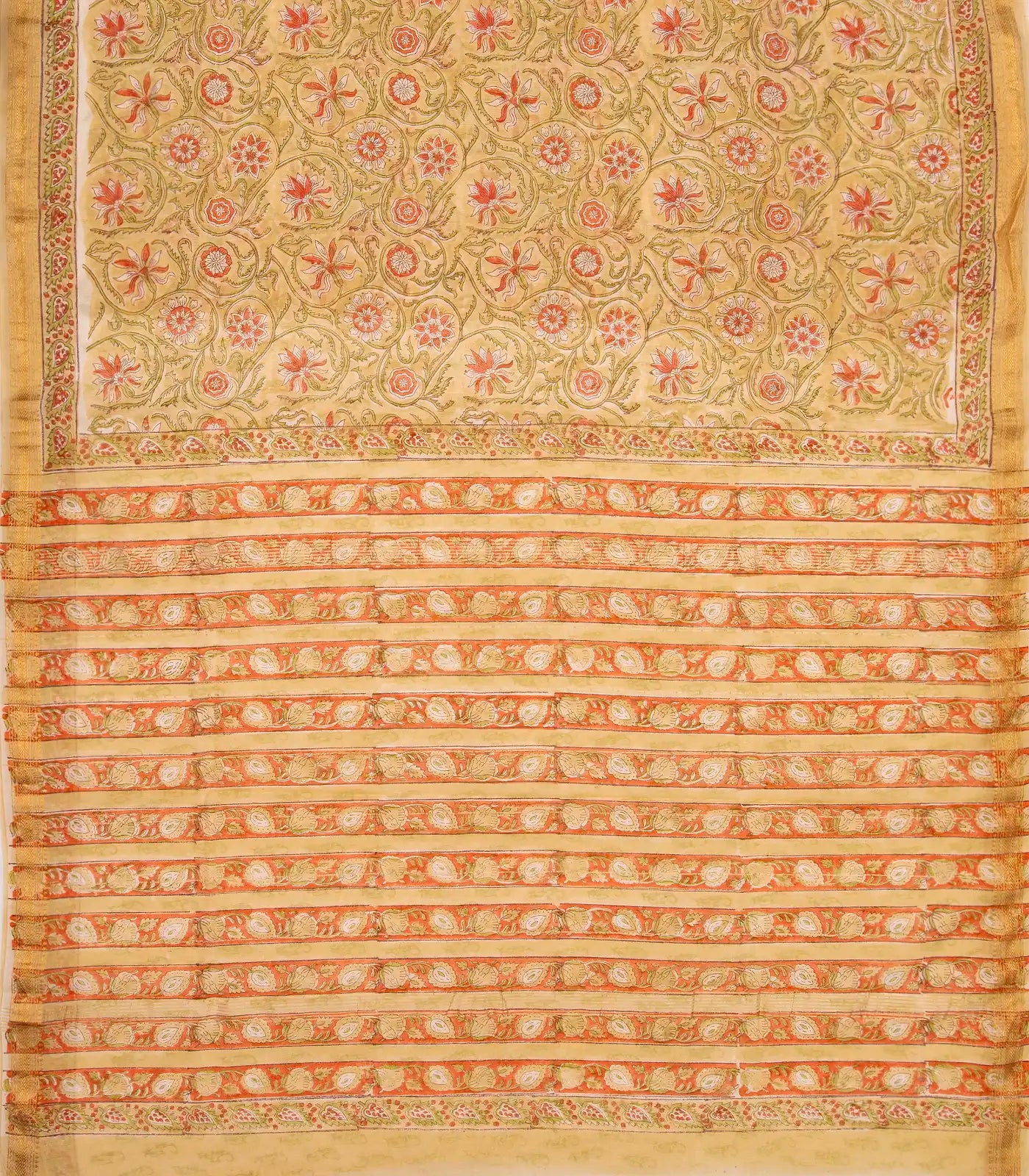 Sandal Handloom Chanderi Cotton Saree With Printed Floral Motif