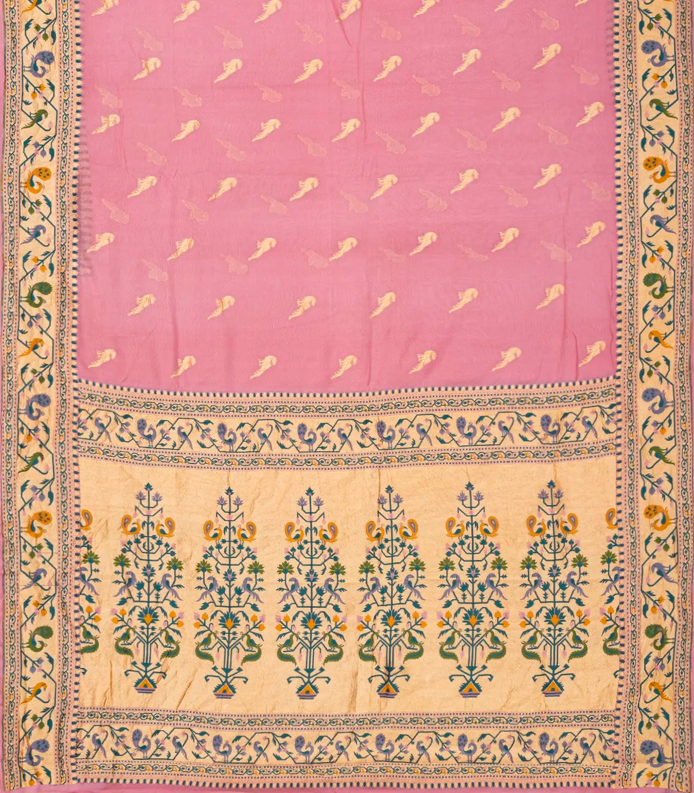 Baby Pink Handwoven Banarasi Khaddi Georgette Silk Saree With Peacock Motifs