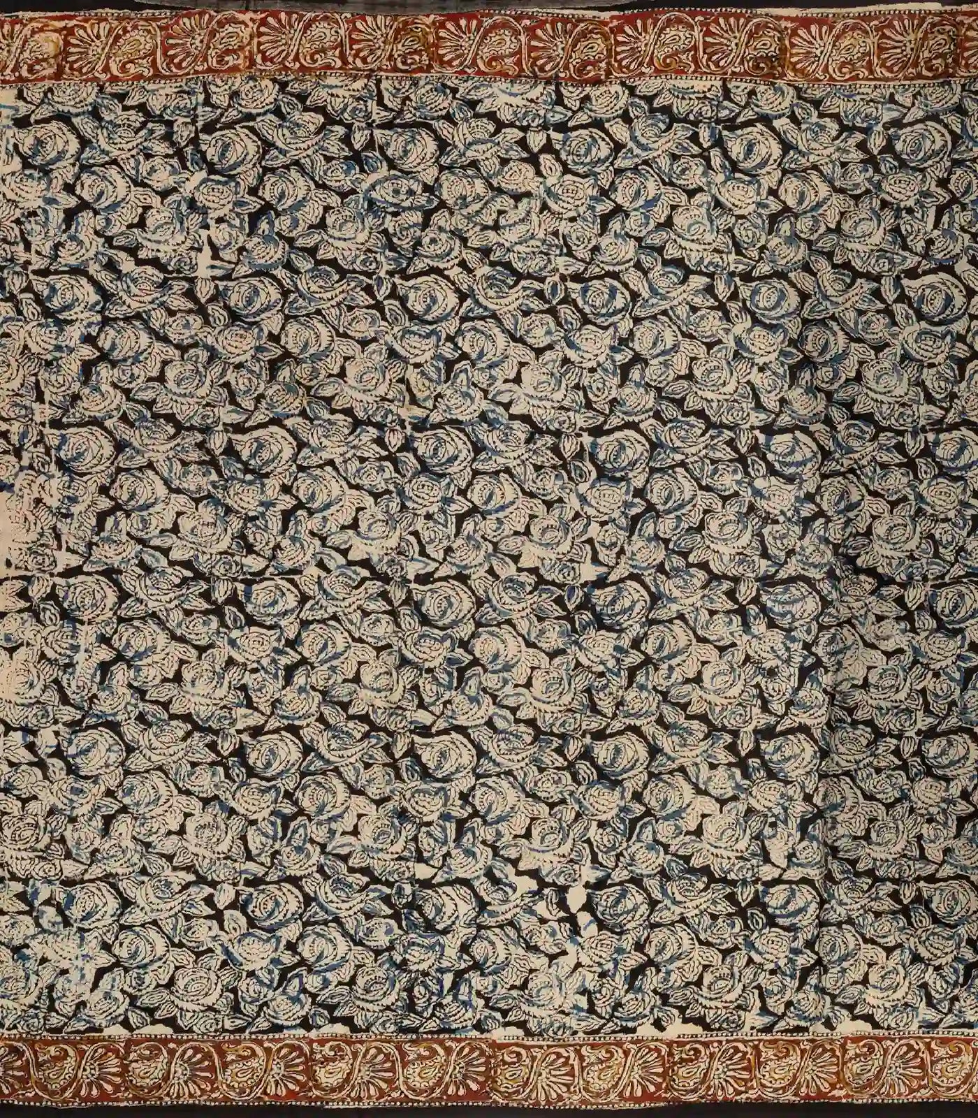 Black Handloom Kalamkari Cotton Saree And Printed Floral Motifs