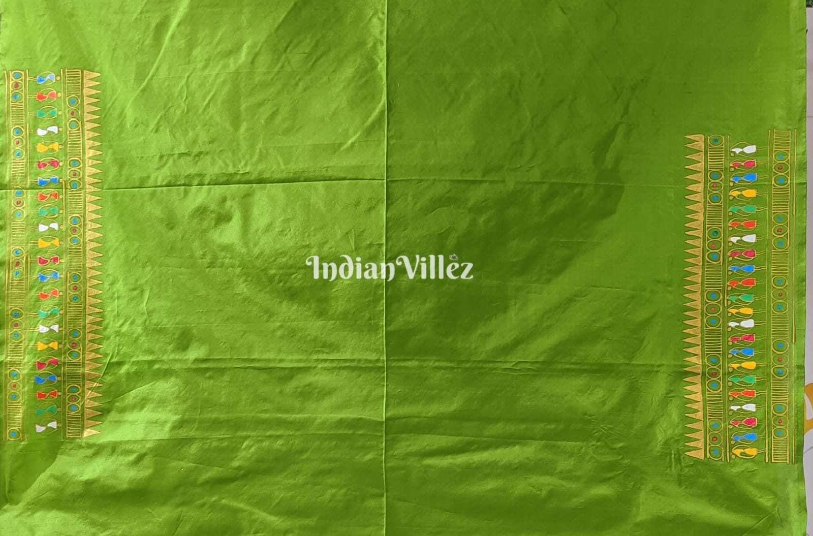 Parrot Green Tribal & Konark Template Pattachitra Saree