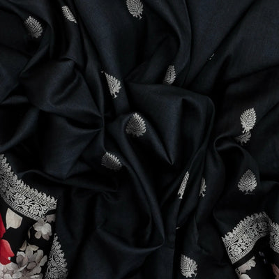 Black Handloom Tussar Silk Saree With Floral Buttas & Printed Border