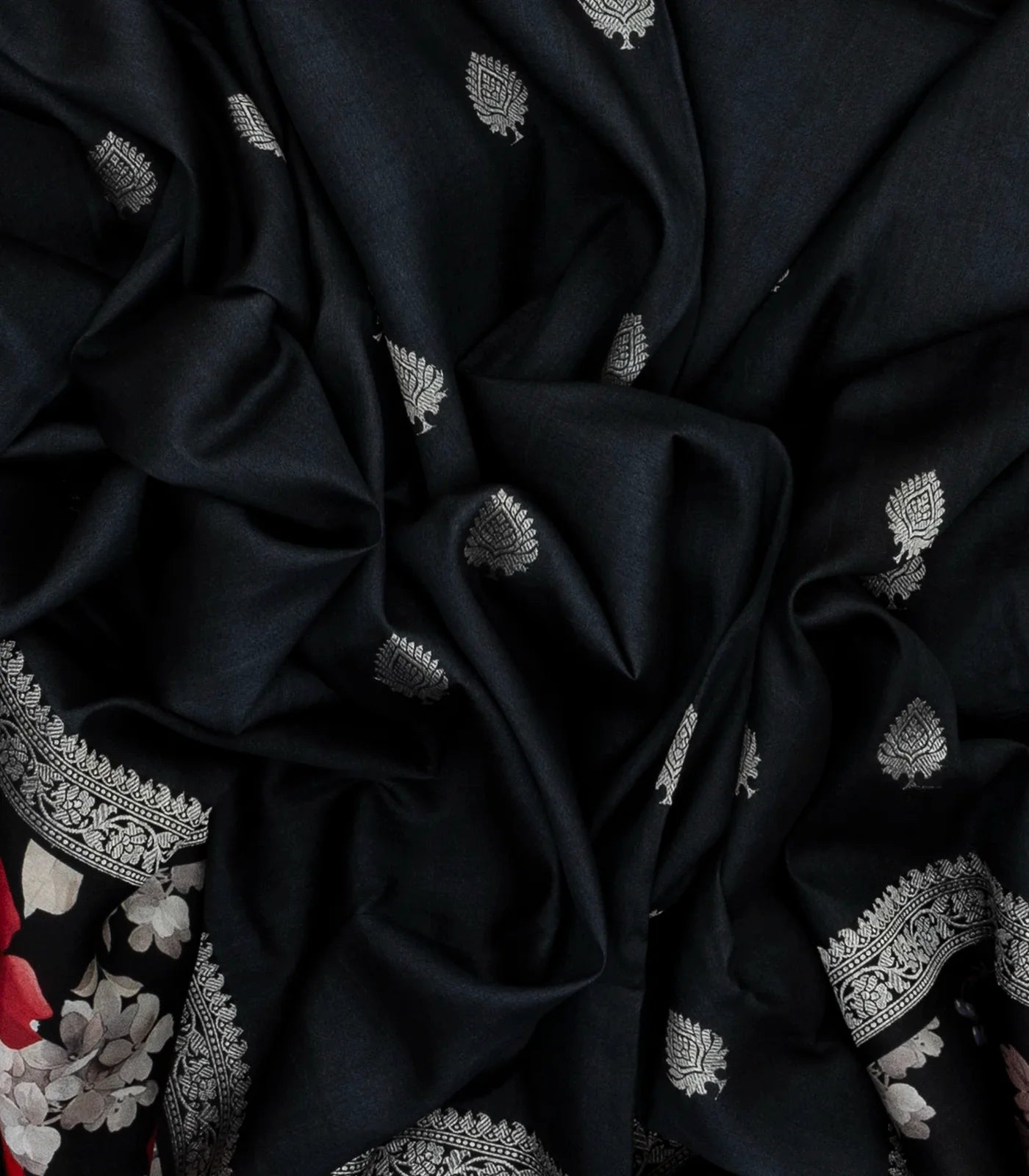 Black Handloom Tussar Silk Saree With Floral Buttas & Printed Border