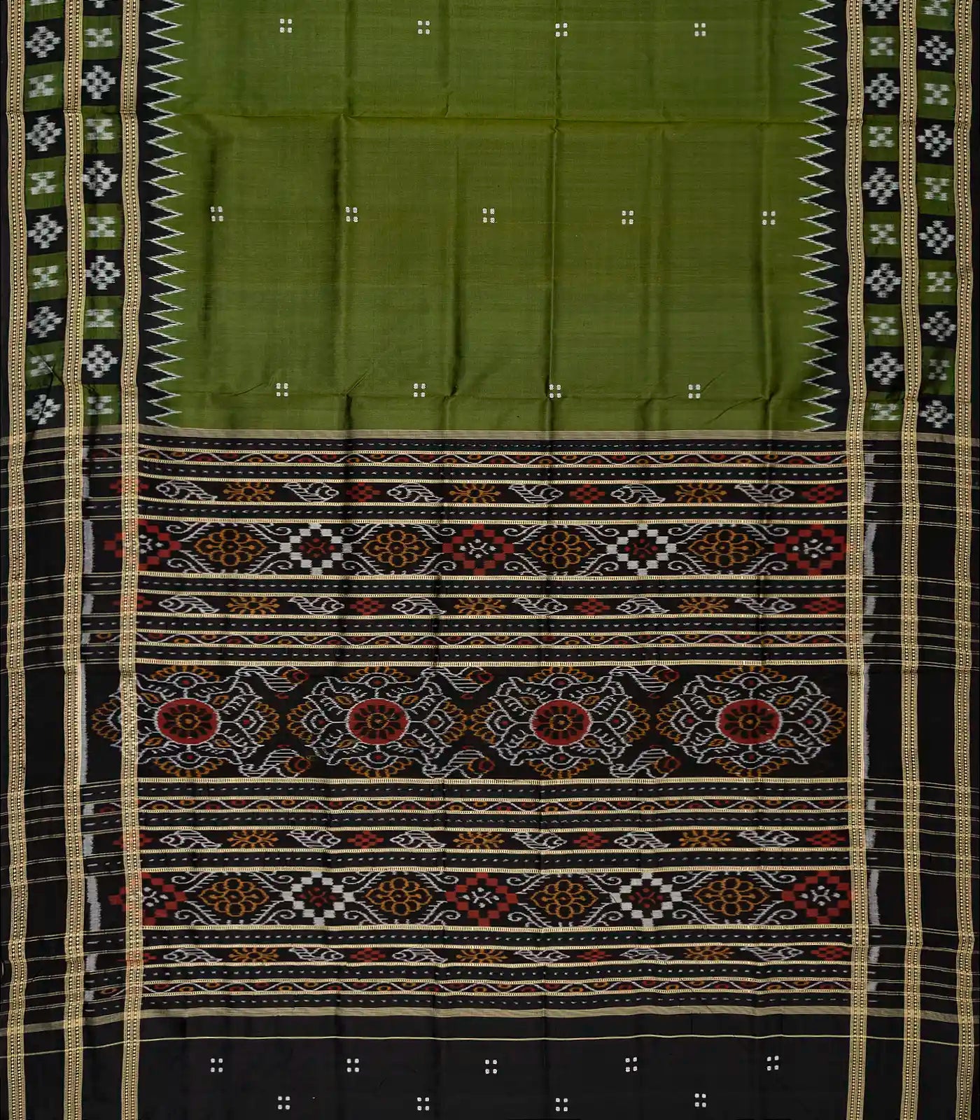 Leafy Green Handloom Orissa Silk Saree With Button Buttas