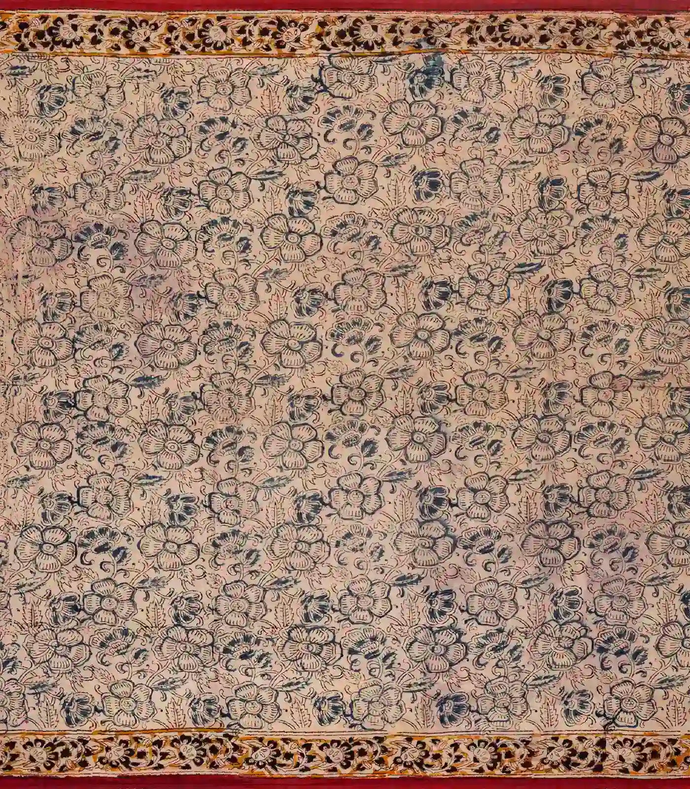 Crimson Woven Kalamkari Cotton Saree With Printed Floral Motifs