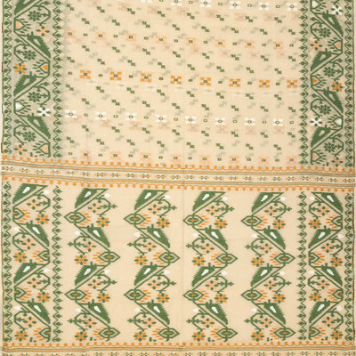 Cream Bengal Cotton Saree With Square & Floral Motifs