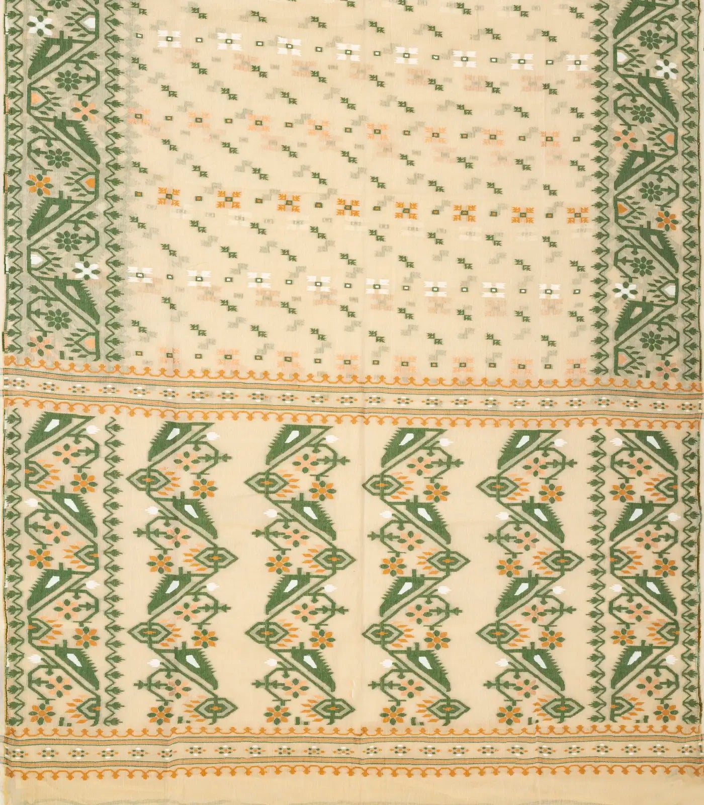 Cream Bengal Cotton Saree With Square & Floral Motifs