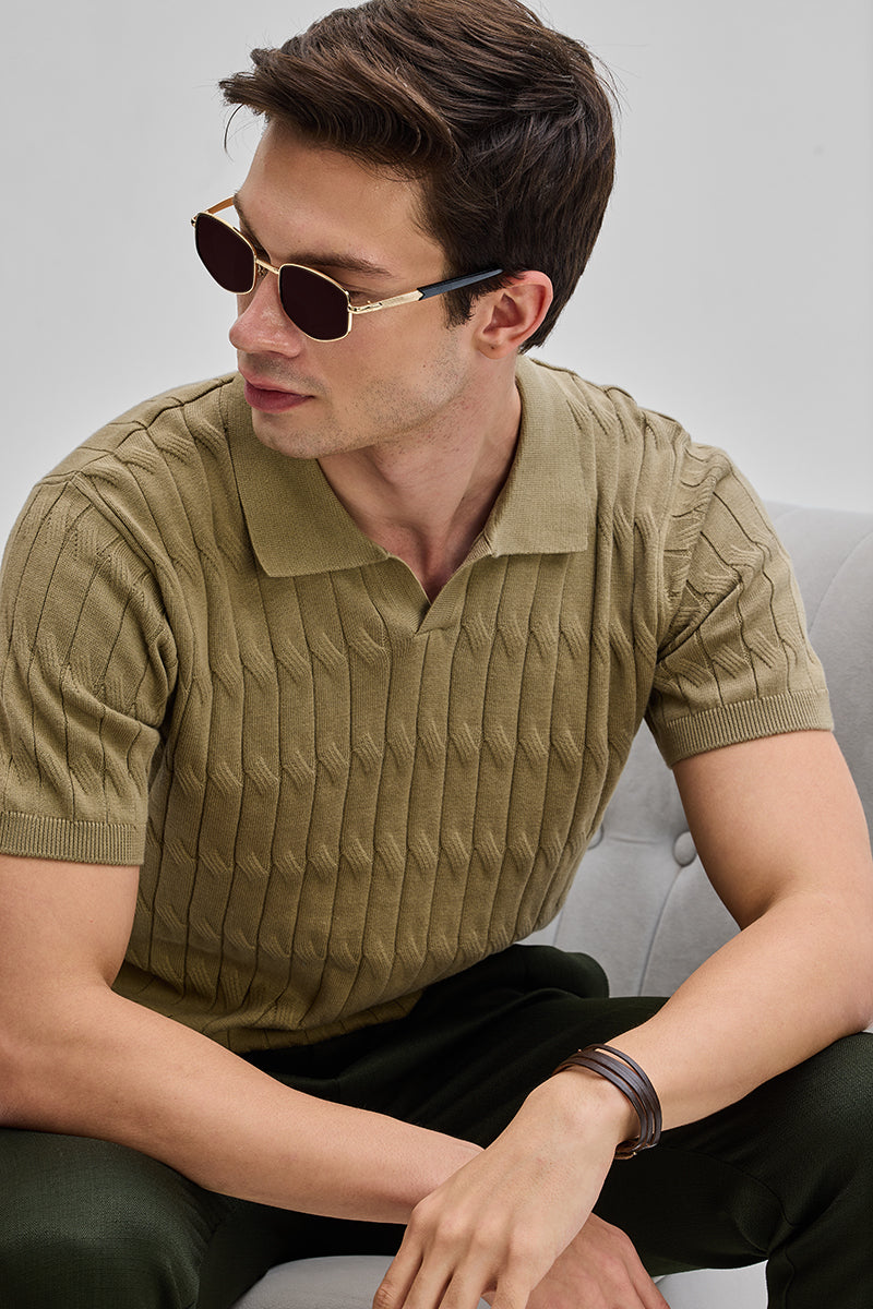 Khaki Knitted Polo T-Shirt