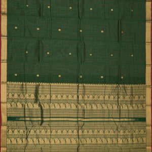 Bottle Green Handloom Kanchi Cotton Saree With Checks & Zari Buttas