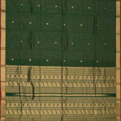 Bottle Green Handloom Kanchi Cotton Saree With Checks & Zari Buttas
