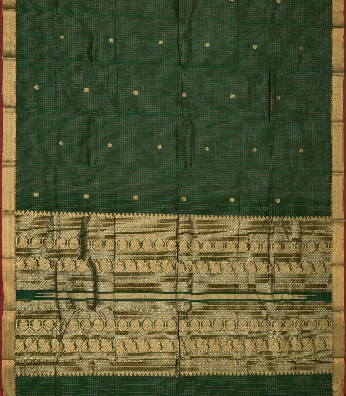 Bottle Green Handloom Kanchi Cotton Saree With Checks & Zari Buttas