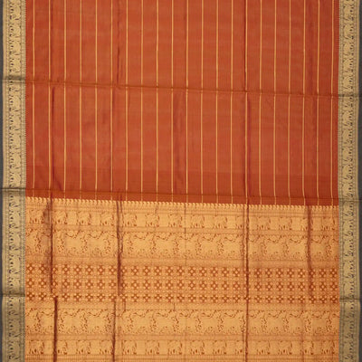 Rust Handloom Silk Cotton Saree With Zari Stripes