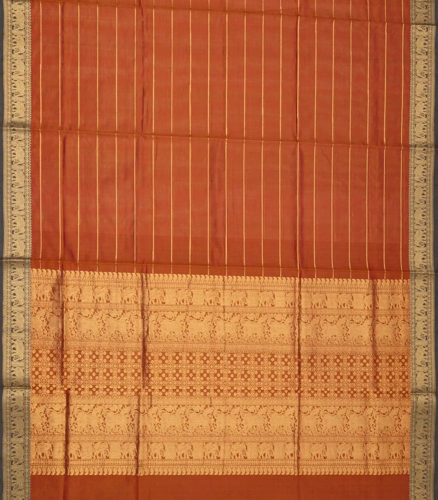 Rust Handloom Silk Cotton Saree With Zari Stripes