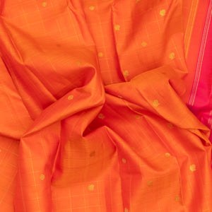 Orange Handloom Kanchipuram Silk Saree With Checks & Buttas