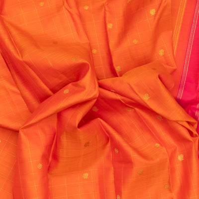 Orange Handloom Kanchipuram Silk Saree With Checks & Buttas