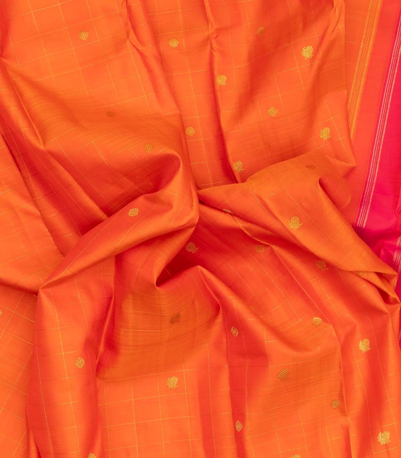 Orange Handloom Kanchipuram Silk Saree With Checks & Buttas