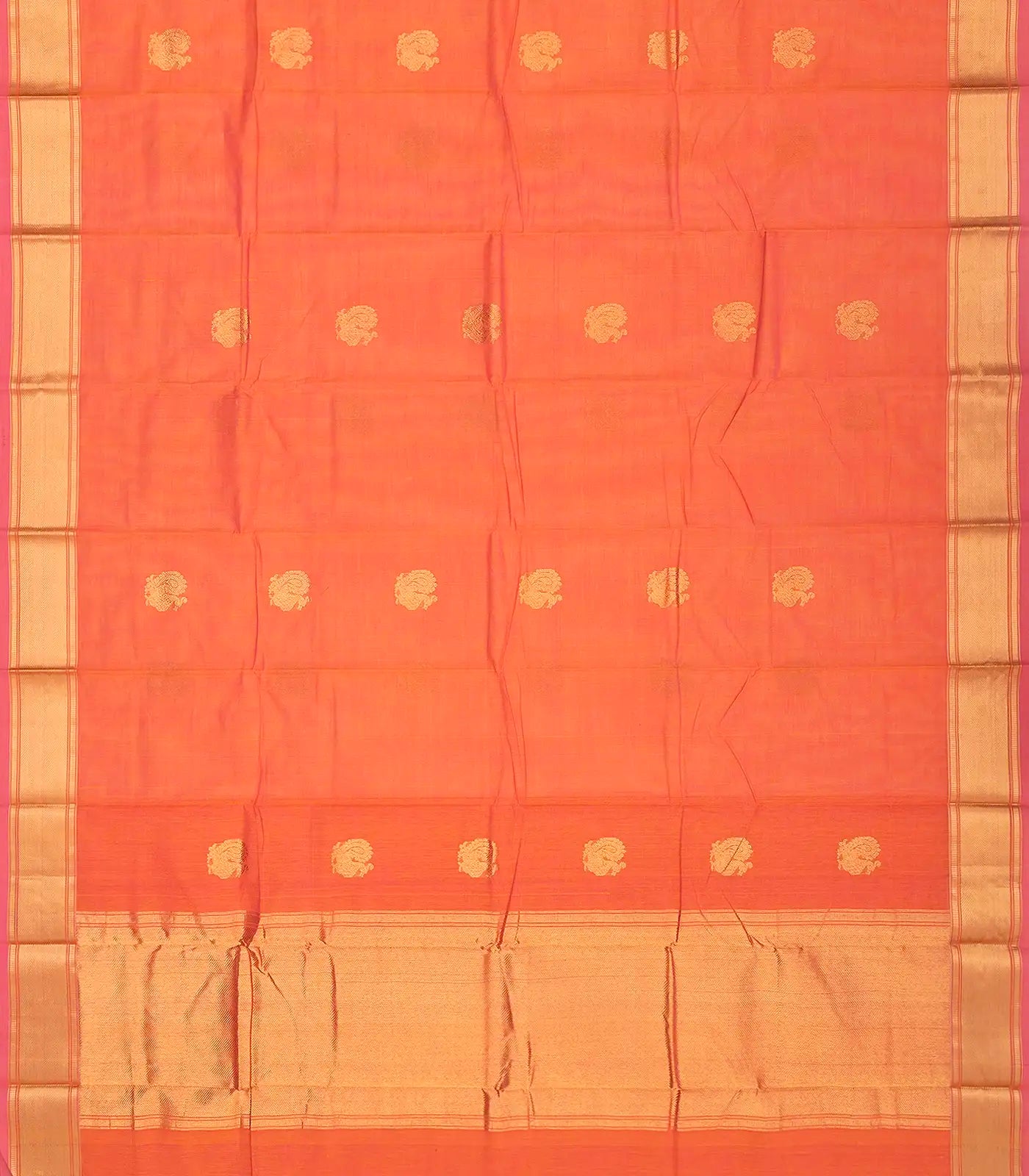 Peach Handloom Kanchi Cotton Saree With Annam Buttas