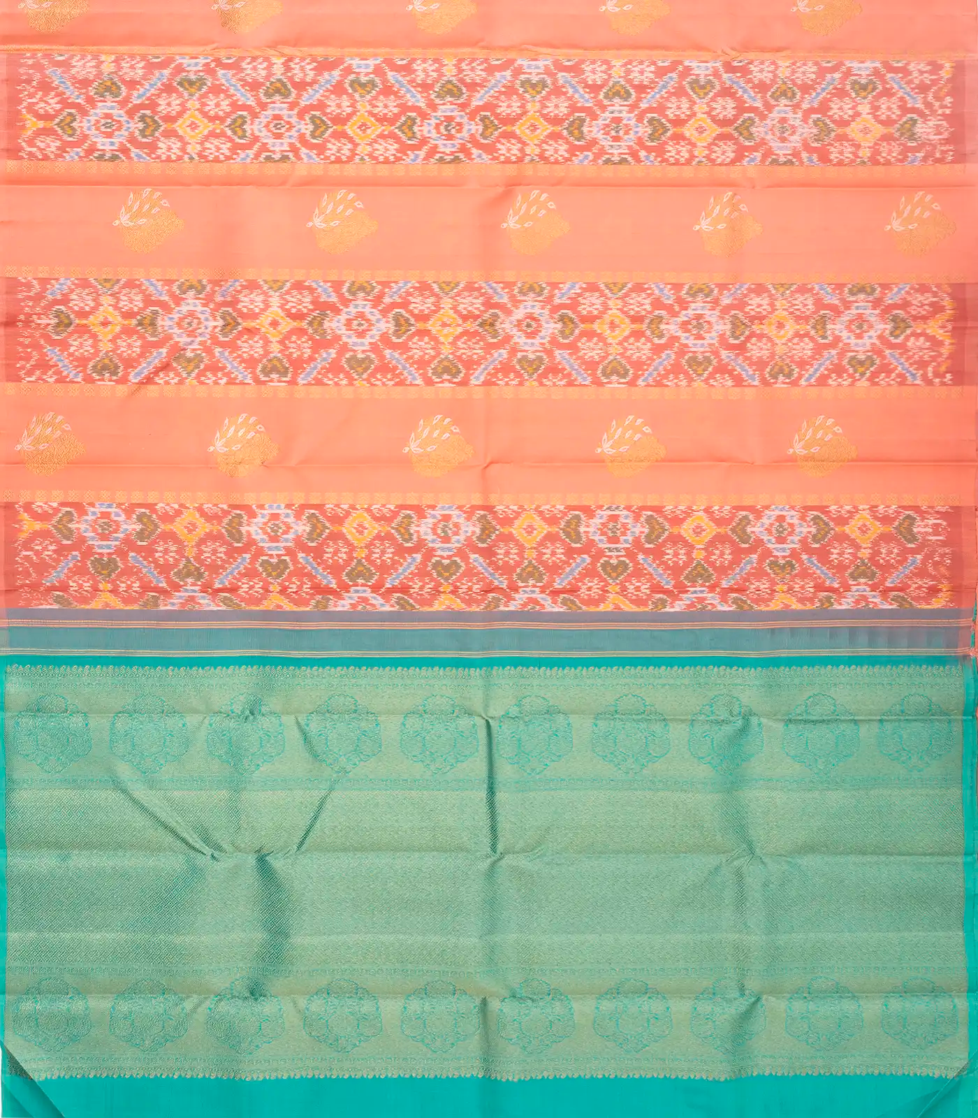 Light Peach Handloom Kanchipuram Silk Saree With Ikat Floral Buttas