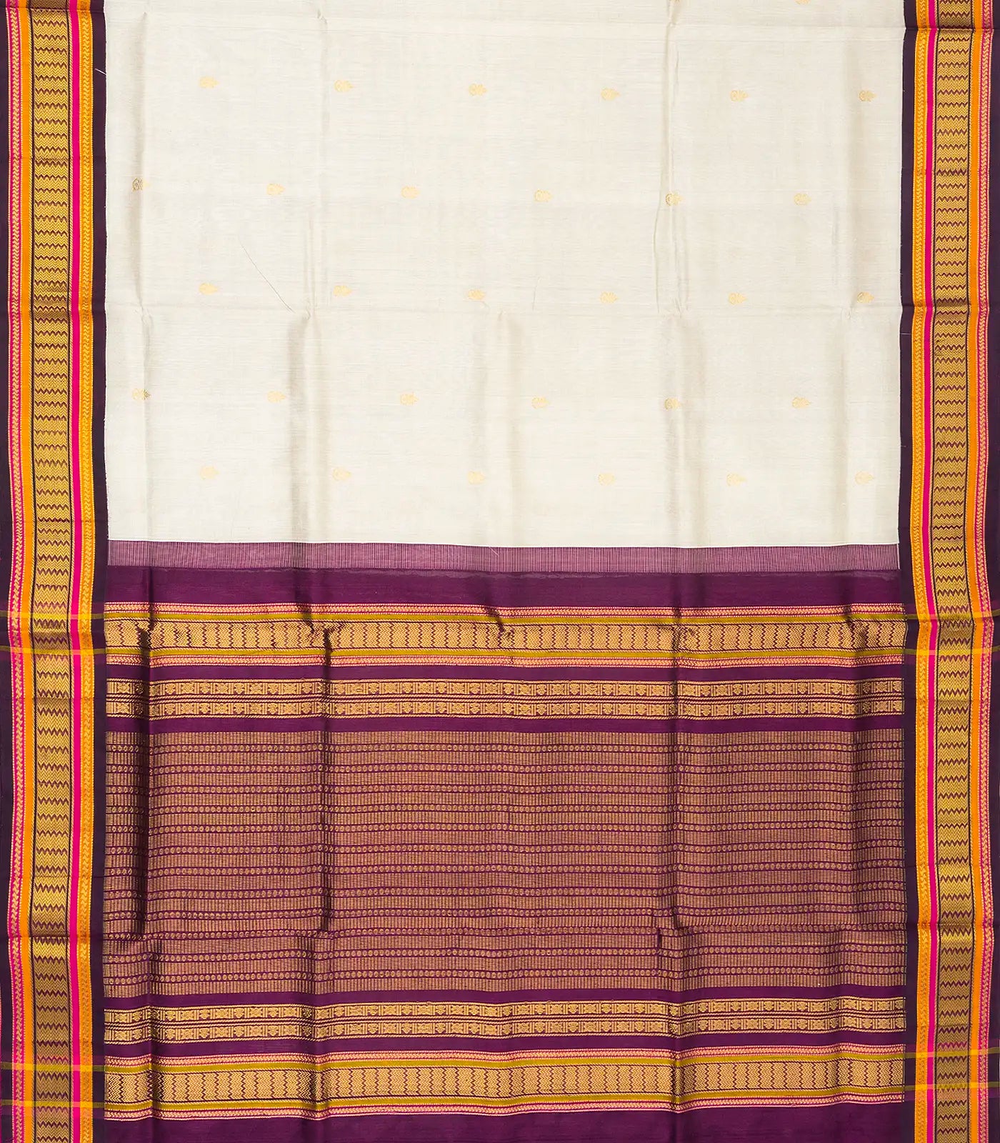 White Handloom Korvai Silk Cotton Saree With Floral Buttas