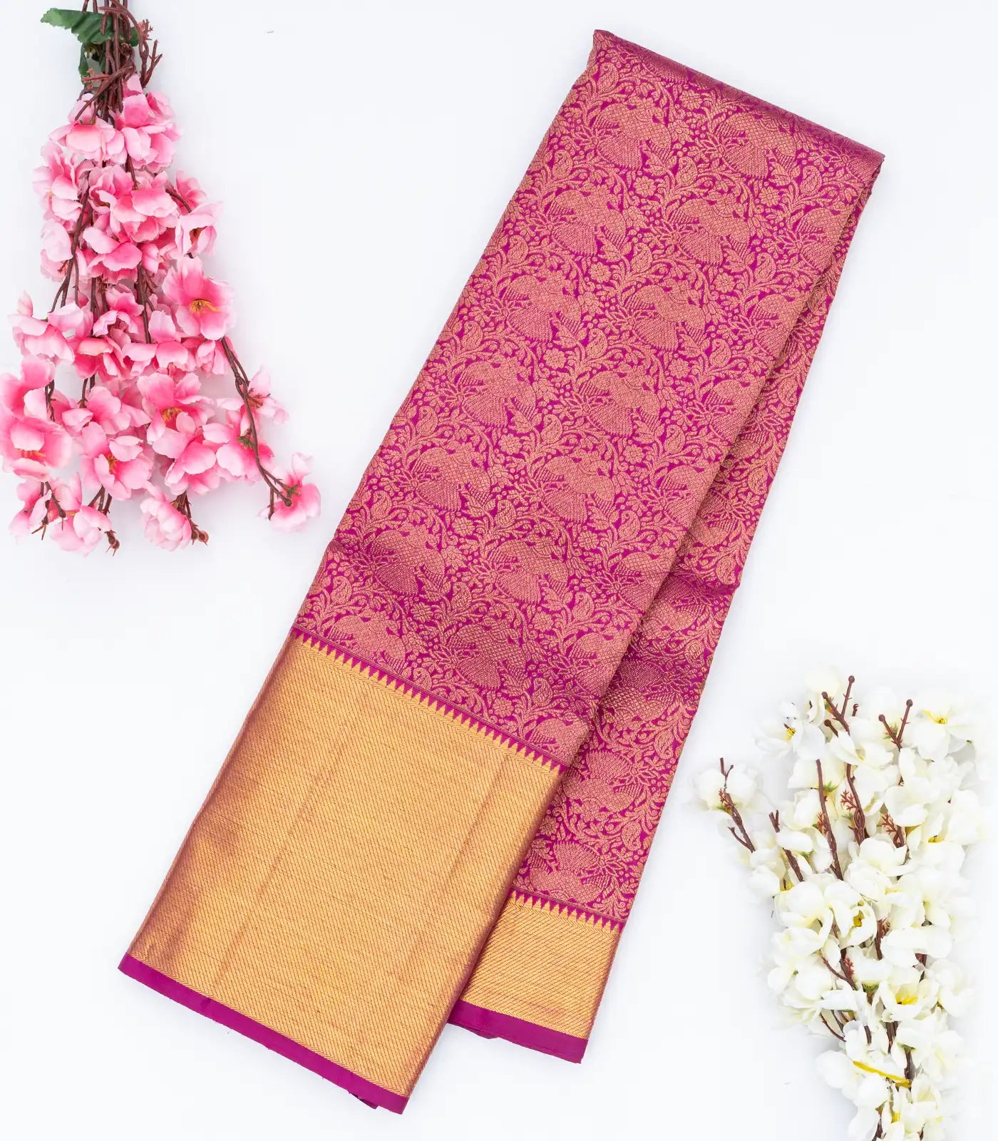Hot Pink Handloom Kanchipuram Silk Saree With Gandaberunda Motifs