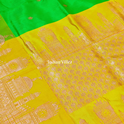 Green Banarasi Katan Silk Saree Inspired by Big Ben, London & United States Capitol, Washington DC