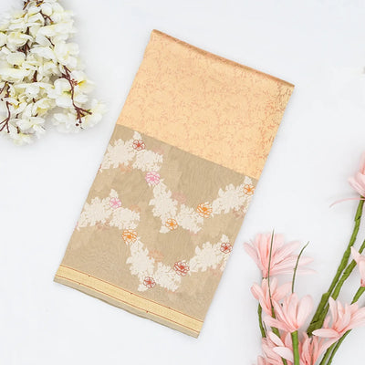 Beige Handloom Banarasi Silk Saree With Floral Jaal Motifs