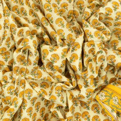 Light Yellow Woven Jaipur Cotton Saree With Mustard Printed Floral Motifs