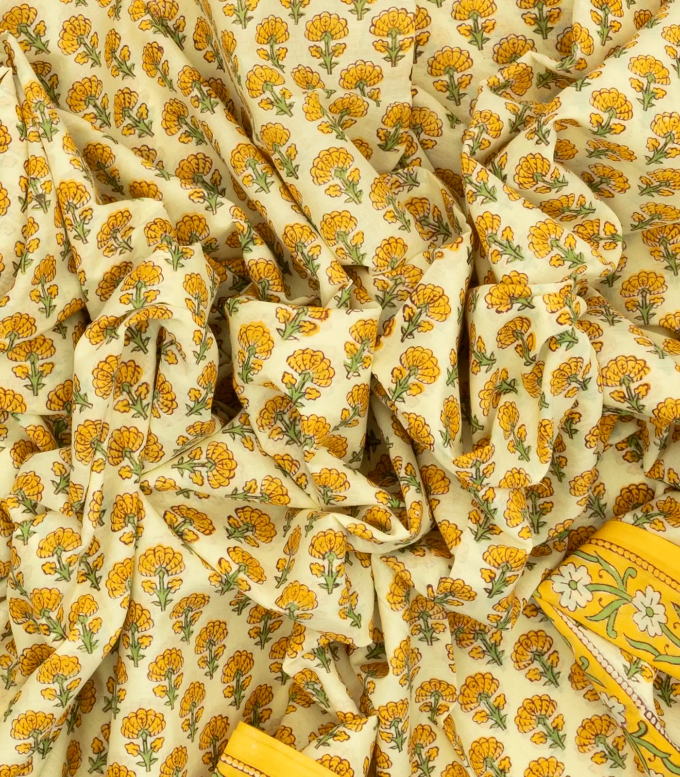 Light Yellow Woven Jaipur Cotton Saree With Mustard Printed Floral Motifs