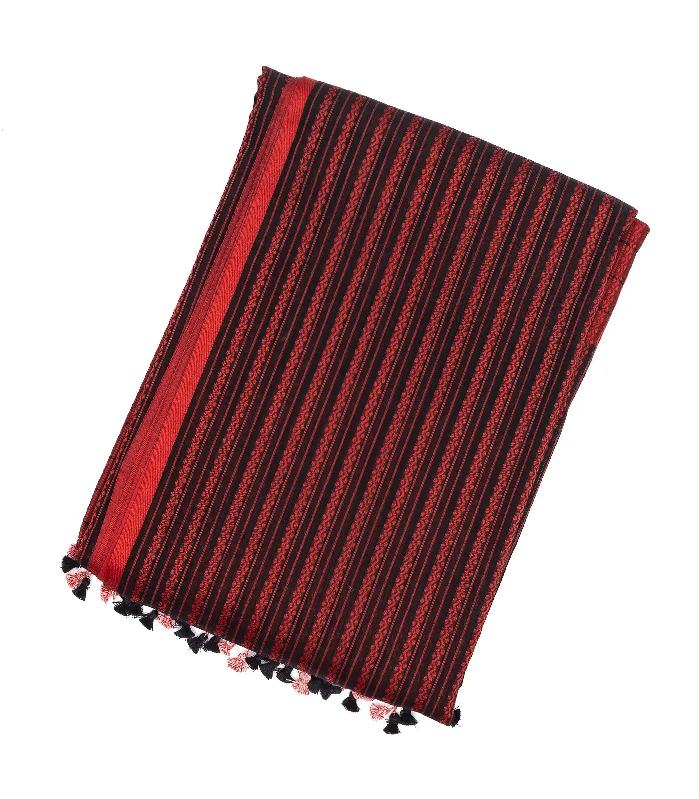 Black Handloom Bengal Cotton Saree With Red Stripes