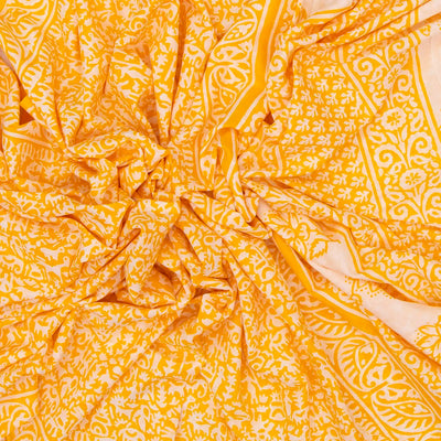 Yellow Woven Jaipur Cotton Saree Printed With White Tribal Motifs