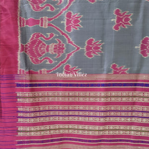 Grey With Pink Lotus Odisha Handloom Contemporary Sambalpuri Silk Saree