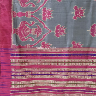 Grey With Pink Lotus Odisha Handloom Contemporary Sambalpuri Silk Saree