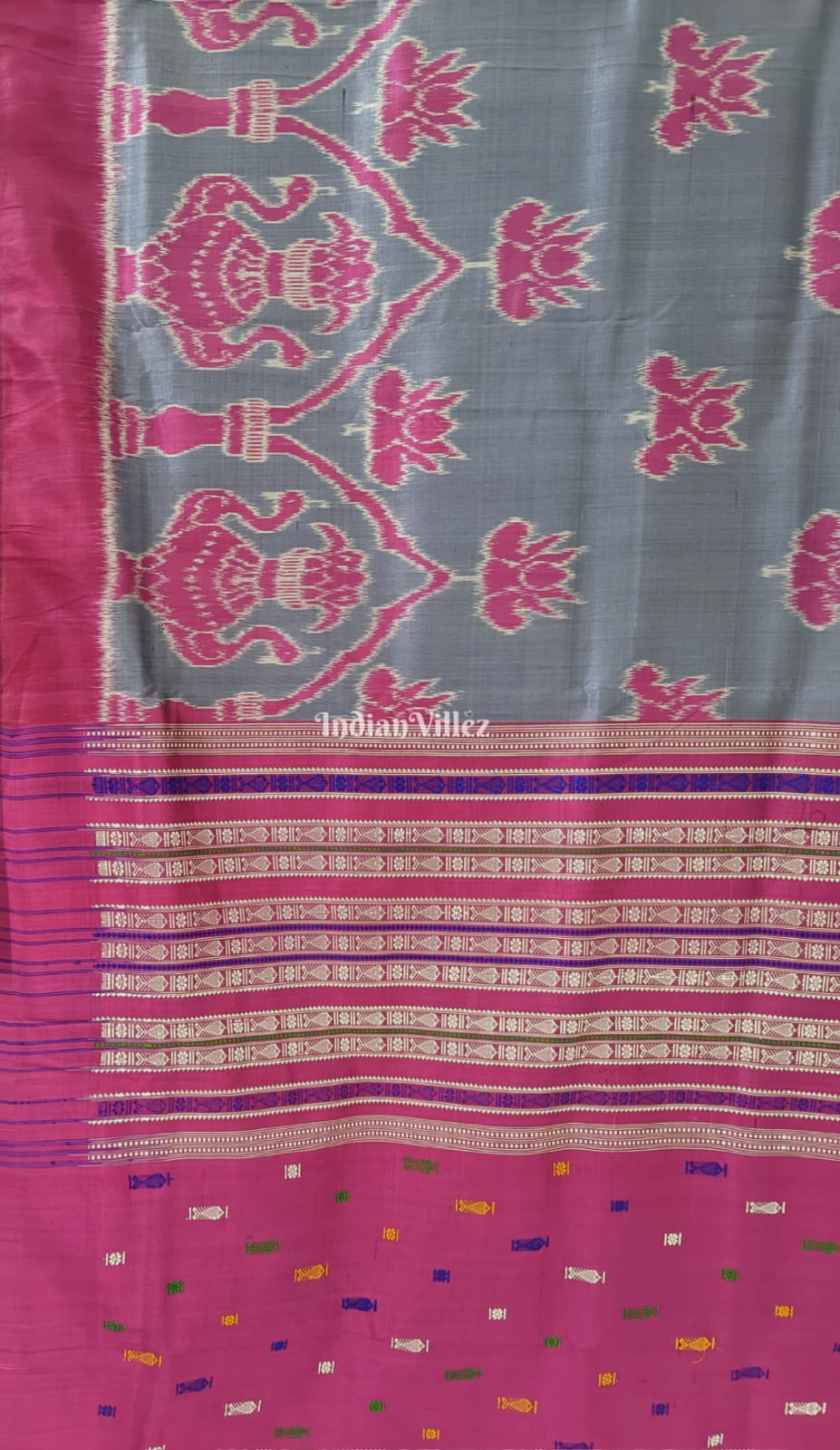 Grey With Pink Lotus Odisha Handloom Contemporary Sambalpuri Silk Saree