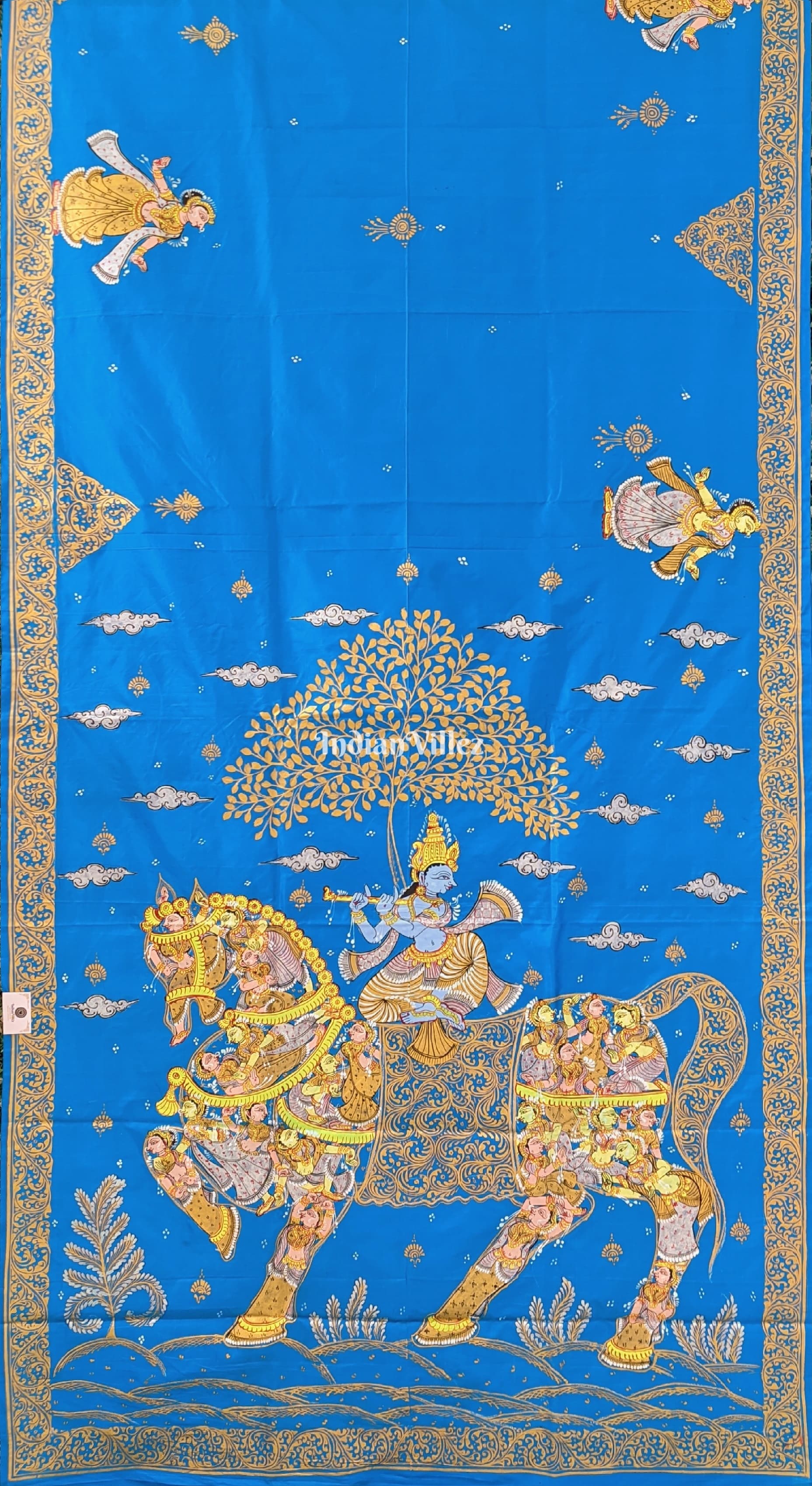 Copper Sulphate Kandarpa Ashwa (Horse) Hand-Painted Pattachitra Saree