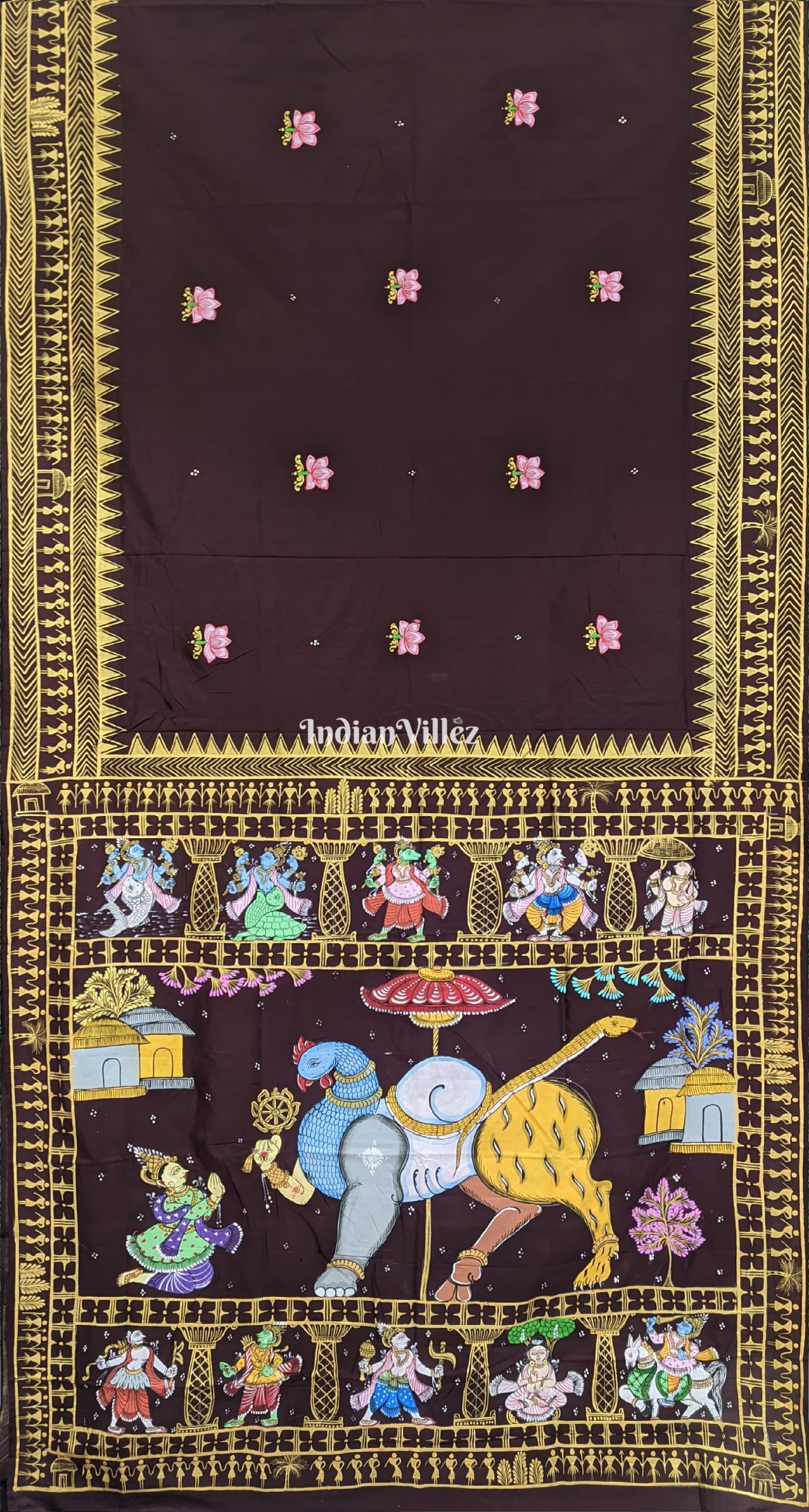 Arjuna Bows to Navagunjara Pure Hand-Painted Pattachitra Saree