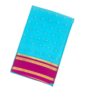 Turquoise Mysore Crepe Silk Saree With Coin Buttas & Pink Border