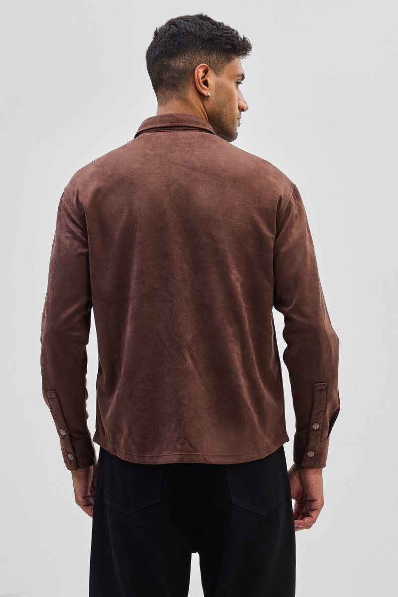Brown Suede Snap Button Overshirt