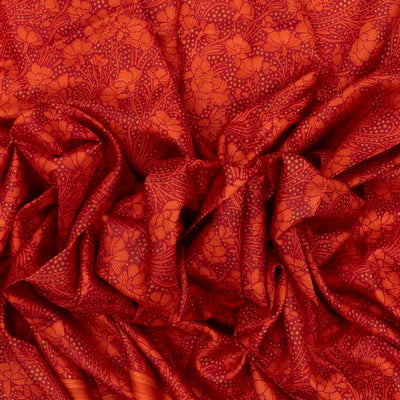 Red Silk Saree Printed With Floral Vine Motifs
