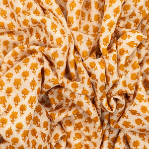 Taupe Handloom Chanderi Cotton Saree With Printed Mustard Floral Motifs